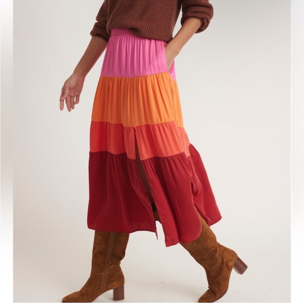 MARINE LAYER Colorblock Tiered Midi Slit Skirt In Fuschia Orange Red Pink Small - Picture 2 of 12
